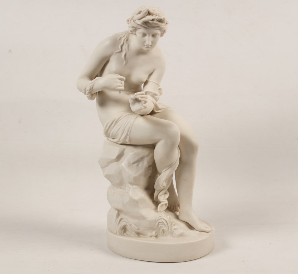 PARIAN WARE CLASSICAL FIGURE OF SEATED WOMAN: PARIAN WARE CLASSICAL GREEK STUDY OF A PARTIALLY CLAD SEATED WOMAN; 17.5"H