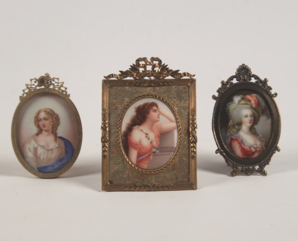 MISCELLANEOUS GROUP OF 3 FRAMED MINIATURE PAINTINGS ON: MISCELLANEOUS GROUP OF 3 FRAMED MINIATURE PAINTINGS ON PORCELAIN; PAINTING OF LADY WITH BLUE DRAPE SIGNED DEBRIE ON LEFT SHOULDER; 6"H X 4.5"W RECTANGULAR FRAME OVERALL