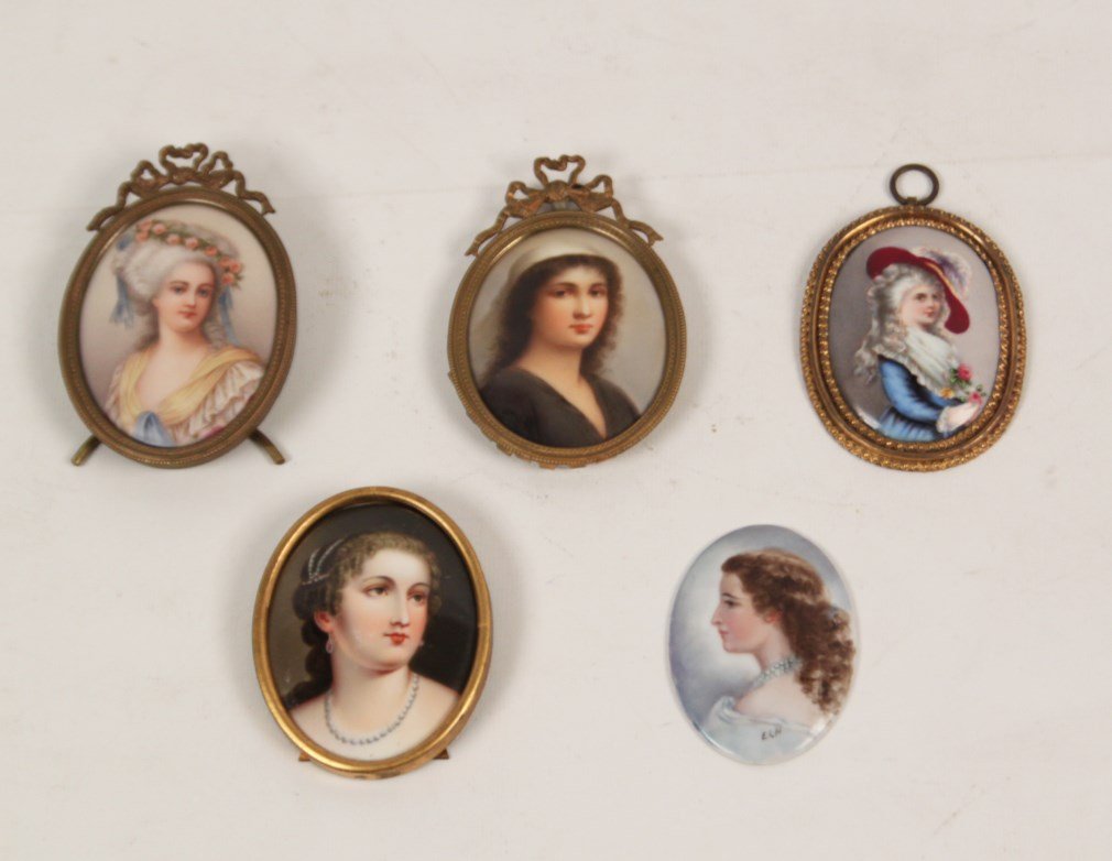 GROUP OF 5 MINIATURE OVAL PAINTINGS ON PORCELAIN: GROUP OF 5 MINIATURE OVAL PAINTING ON PORCELAIN, ONE TITLED ON THE REVERSE "RUTH", AND ONE UNFRAMED INITIALED "ELH"; 3"H OVERALL