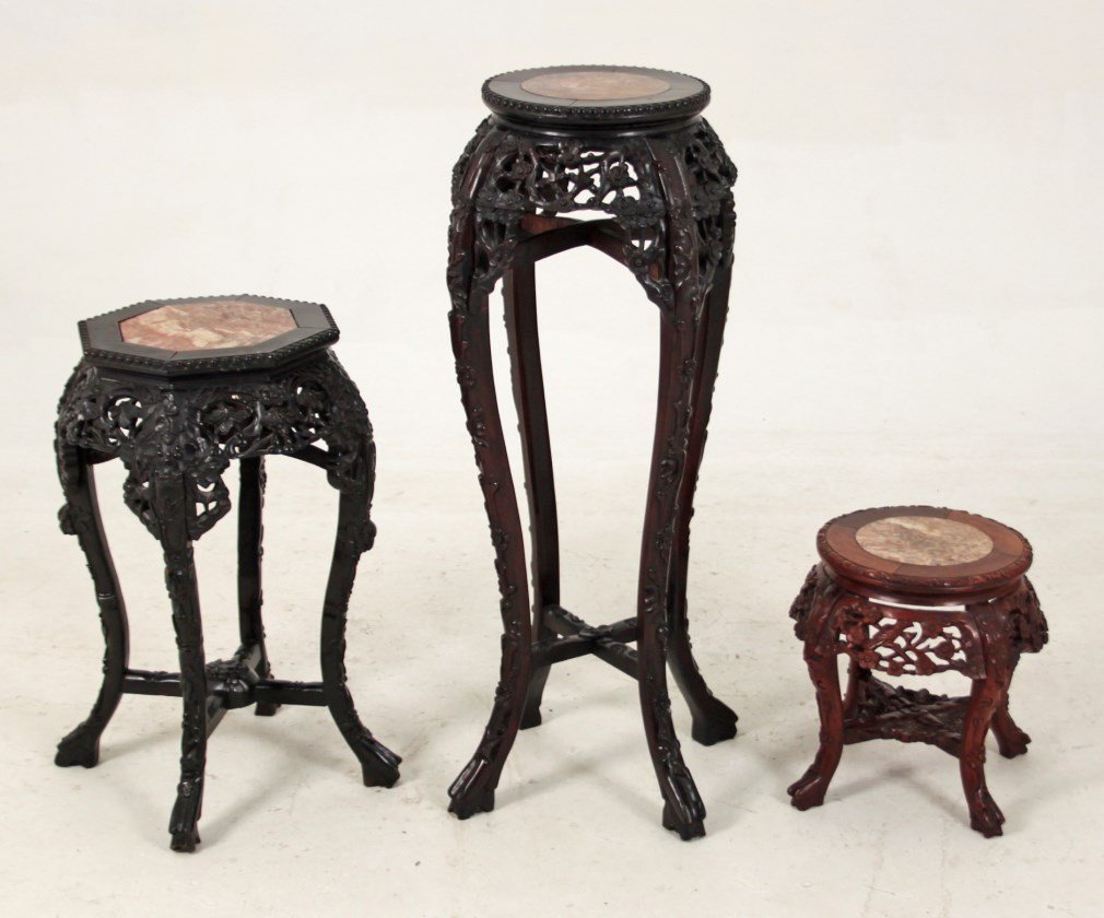 3 ORIENTAL BURMESE TEAKWOOD CARVED PEDESTALS: 3 ORIENTAL BURMESE TEAKWOOD CARVED PEDESTALS; 35"H X 10.5"DIA. TALLEST