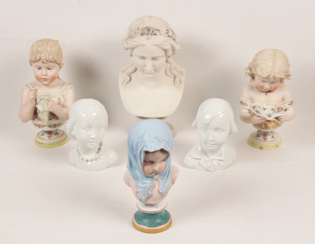 6 PIECE MISCELLANEOUS LOT: 6 PIECE MISCELLANEOUS LOT CONSISTING OF A PAIR OF BLANC DE CHENE BUSTS OF A BOY AND GIRL (AUSTRIAN), A PAIR OF CHANTILLY BISQUE FIGURES OF GIRLS, A PARIAN BUST OF YOUNG WOMAN (CHIP ON REVERSE), AND AN
