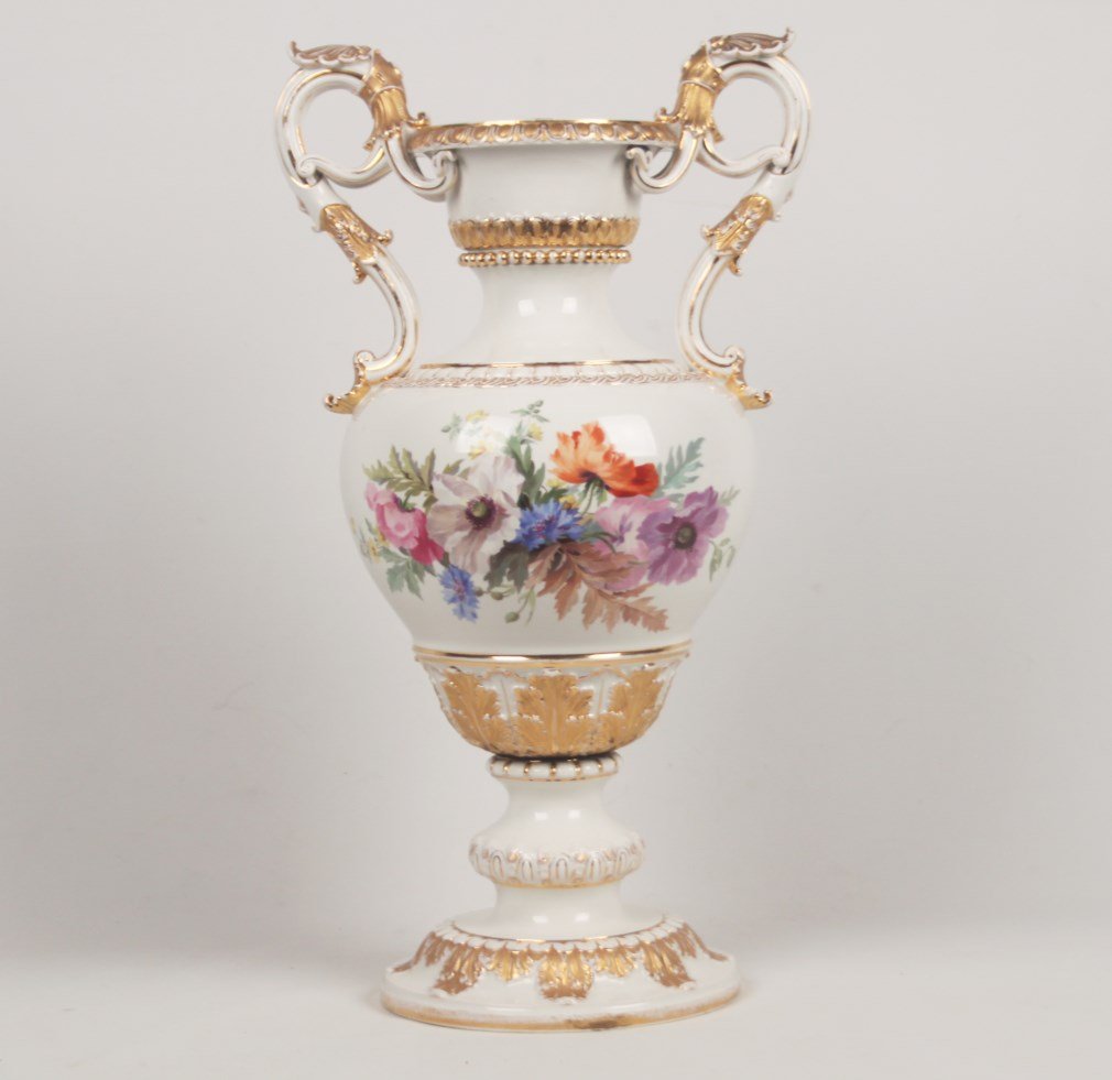 IMPRESSIVE GOLD EMBOSSED MEISSEN URN: IMPRESSIVE GOLD EMBOSSED MEISSEN URN WITH FLORAL RESERVE MARKED ON REVERSE WITH BLUE CROSS SWORDS UNDERGLAZE; 24"H; CONDITION: AREAS OF WEAR TO GILDING, GENERALLY GOOD CONDITION