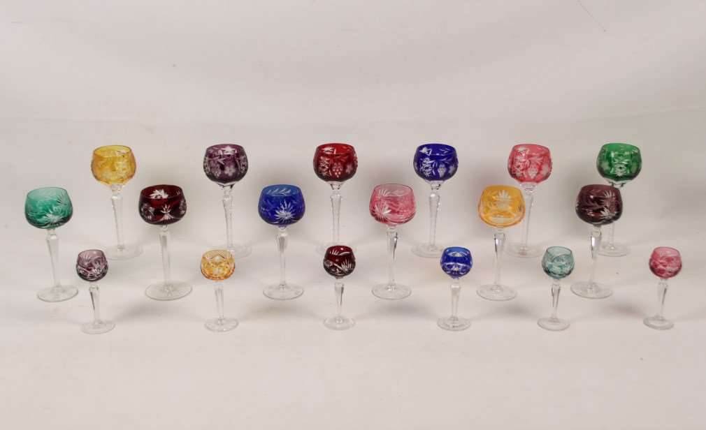 18 PIECES OF MULTI-COLOR CUT TO CLEAR STEMWARE: 18 PIECES OF MULTI-COLOR CUT TO CLEAR STEMWARE