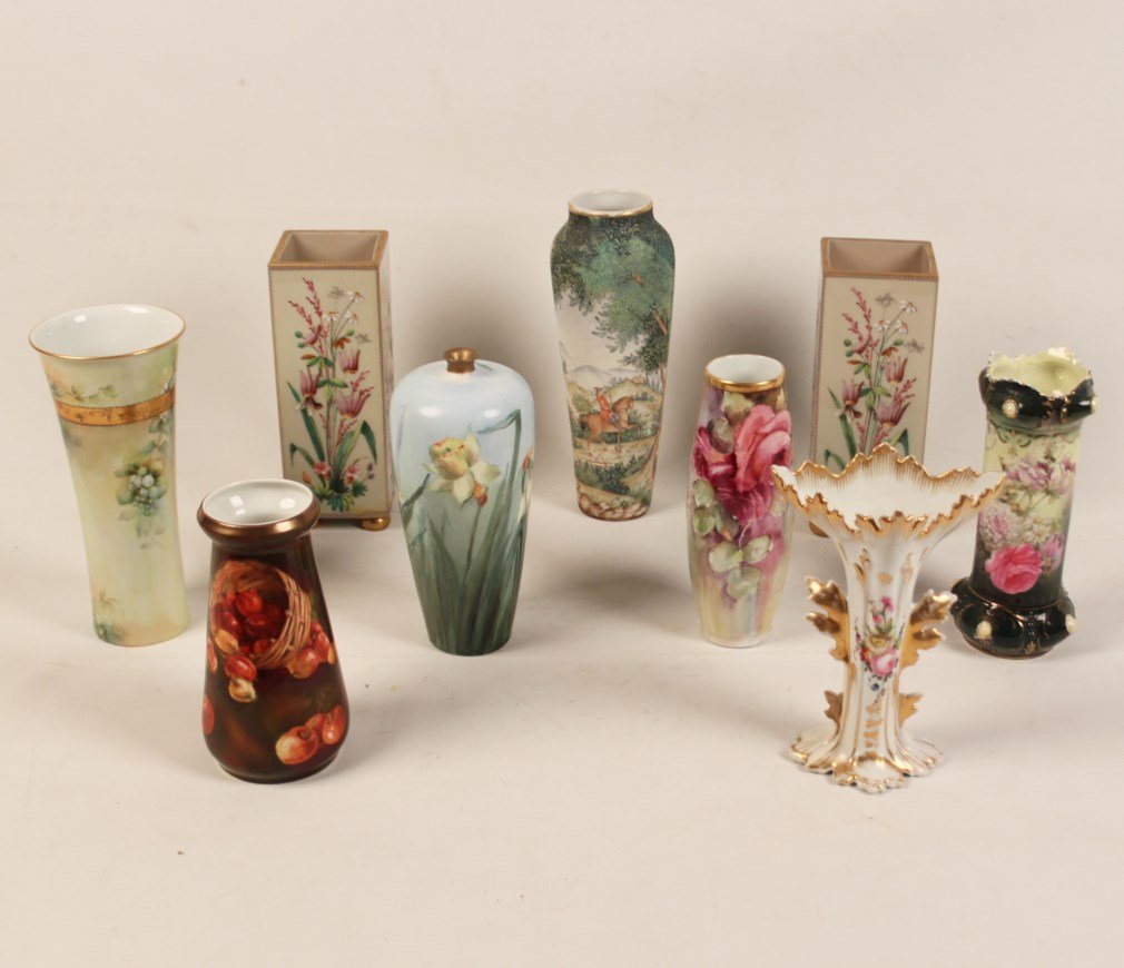 GROUP OF 9 CONTINENTAL HAND PAINTED PORCELAIN VASES: GROUP OF 9 CONTINENTAL HAND PAINTED PORCELAIN VASES INCLUDING R.S.PRUSSIA, OIL PARIS, BAVARIAN, ROYAL MUNICH, AND A 9" TAPESTRY FINISHED VASE; CONDITION: PAIR OF SQUARE CYLINDER SHAPED, AS FOUND