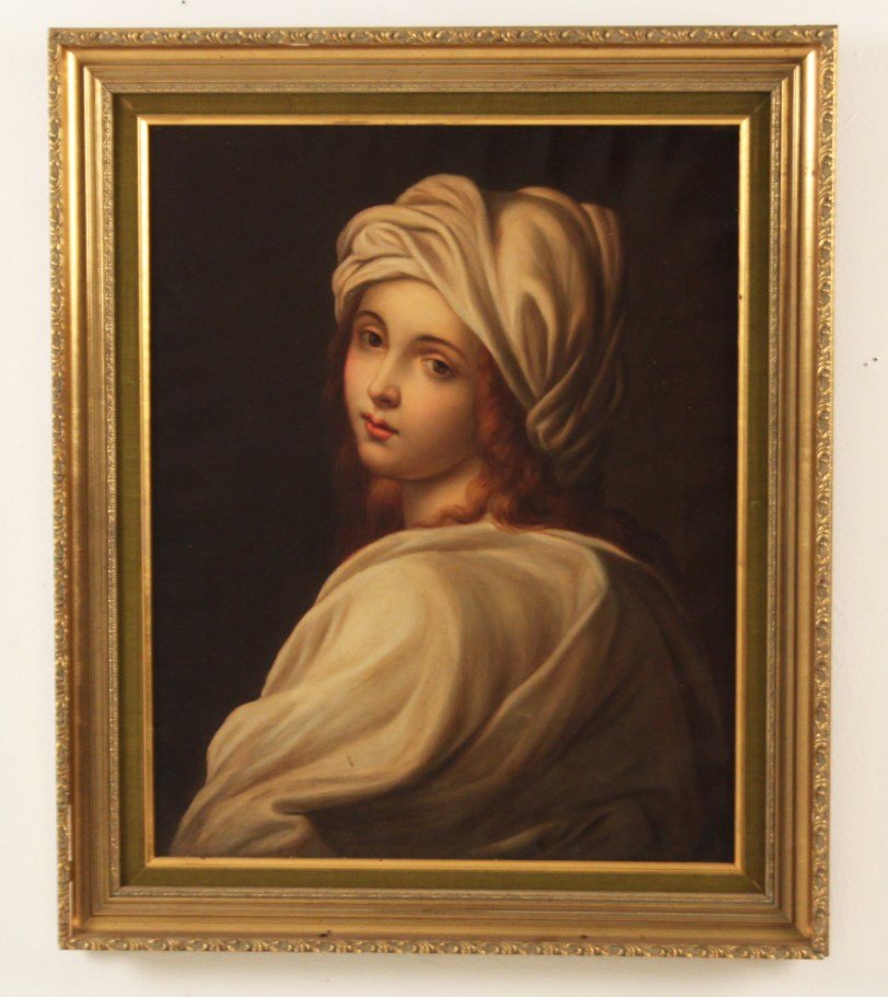 19TH C. OIL ON CANVAS PORTRAIT OF YOUNG WOMAN: 19TH C. OIL ON CANVAS PORTRAIT OF YOUNG WOMAN AFTER THE ORIGINAL BY BEATRICE CONCI BY GUIDO RENI - ROME; 23.5"H X 18.5"W IMAGE, 29"H X 24"W OVERALL; CONDITION: VERY SLIGHT IMPRESSION OF STRETCHER BAR,