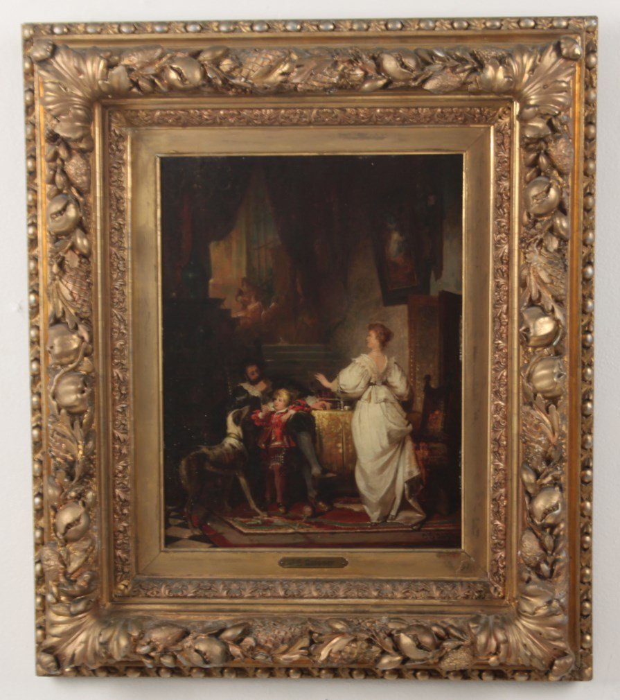 EUROPEAN OIL ON BOARD INTERIOR SCENE PAINTING: EUROPEAN OIL ON BOARD INTERIOR SCENE PAINTING HAVING FIGURES AROUND A TABLE WITH BOY AND LARGE DOG SIGNED LOWER RIGHT J.E. GAISSER IN ORNATE GOLD GILT FRAME; 15.5"H X 11.75"W IMAGE, 25.5"H X 22"W OVER