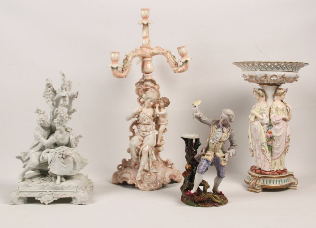 4 PIECE MISCELLANEOUS LOT OF CONTINENTAL PORCELAIN: 4 PIECE MISCELLANEOUS LOT OF CONTINENTAL PORCELAIN ITEMS CONSISTING OF A 4 LIGHT FIGURAL AND PUTTI MOUNTED CANDELABRA, A COMPOTE WITH 3 GRACES SUPPORT, A CHANTILLY PORCELAIN FIGURAL GROUPING OF YOUNG 