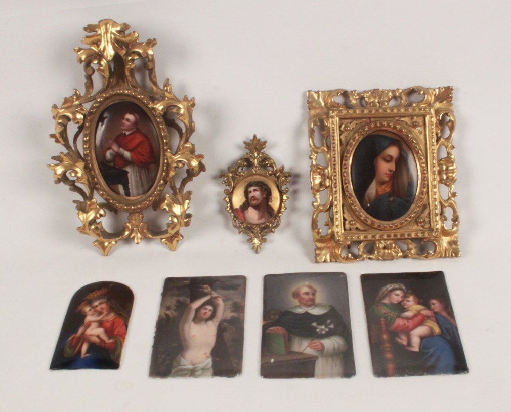 7 PIECE MISCELLANEOUS GROUPING OF RELIGIOUS PAINTINGS: 7 PIECE MISCELLANEOUS GROUPING OF RELIGIOUS PAINTINGS ON PORCELAIN, 3 IN FLORENTINE CARVED FRAMES; 12"H X 8"W MONK IN OVAL FLORENTINE FRAME OVERALL, 8.5"H X 7.5"W MADONNA IN RECTANGULAR FRAME