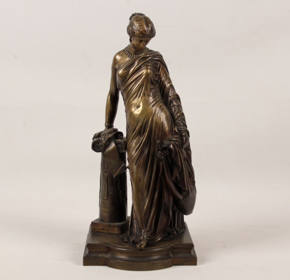 J. PRADIER, 19TH C. FRENCH BRONZE SCULPTURE OF WOMAN: J. PRADIER, 19TH C. FRENCH BRONZE SCULPTURE OF A CLASSICAL DRAPED WOMAN LEANING ON PEDESTAL AND HOLDING LYRE DEPICTING THE GREEK LYRIC POET, SAPPHO, INSCRIBED ON BASE J. PRADIER 1848 (JEAN-JACQUES PRA