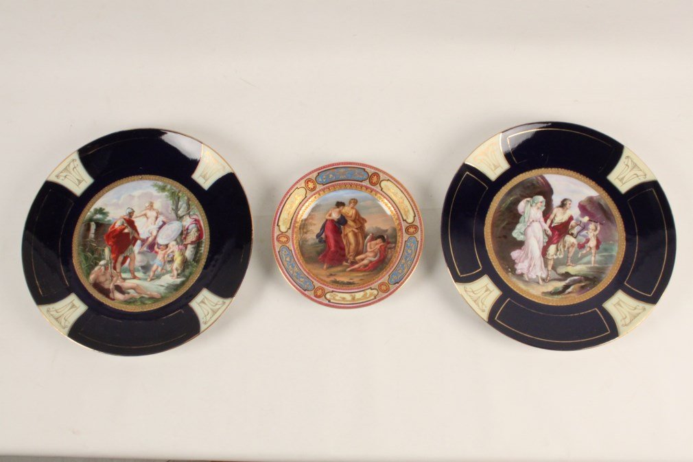 3 PIECE MISCELLANEOUS LOT OF ROYAL VIENNA PORCELAIN: 3 PIECE MISCELLANEOUS LOT OF ROYAL VIENNA HAND PAINTED PORCELAIN INCLUDING A 9.5" GOLD ENCRUSTED MULTI-COLORED PORCELAIN PLATE WITH CENTER RESERVE OF TWO FEMALES AND SLEEPING CHERUB, ALONG WITH TWO 15