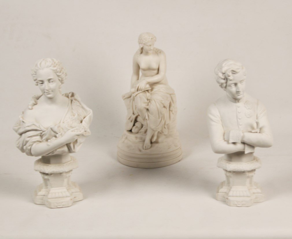 GROUP OF 3 PARIAN WARE FIGURES: GROUP OF 3 PARIAN WARE FIGURES INCLUDING A PAIR OF BUSTS OF LADY TITLED ON BASE "MADAME DE POMPADOUR D'APRES" AND GENT TITLED "L'AIGLON" WITH IMPRESSED NUMBER 9277 & 9278 ON THE REVERSE, ALONG WITH A 