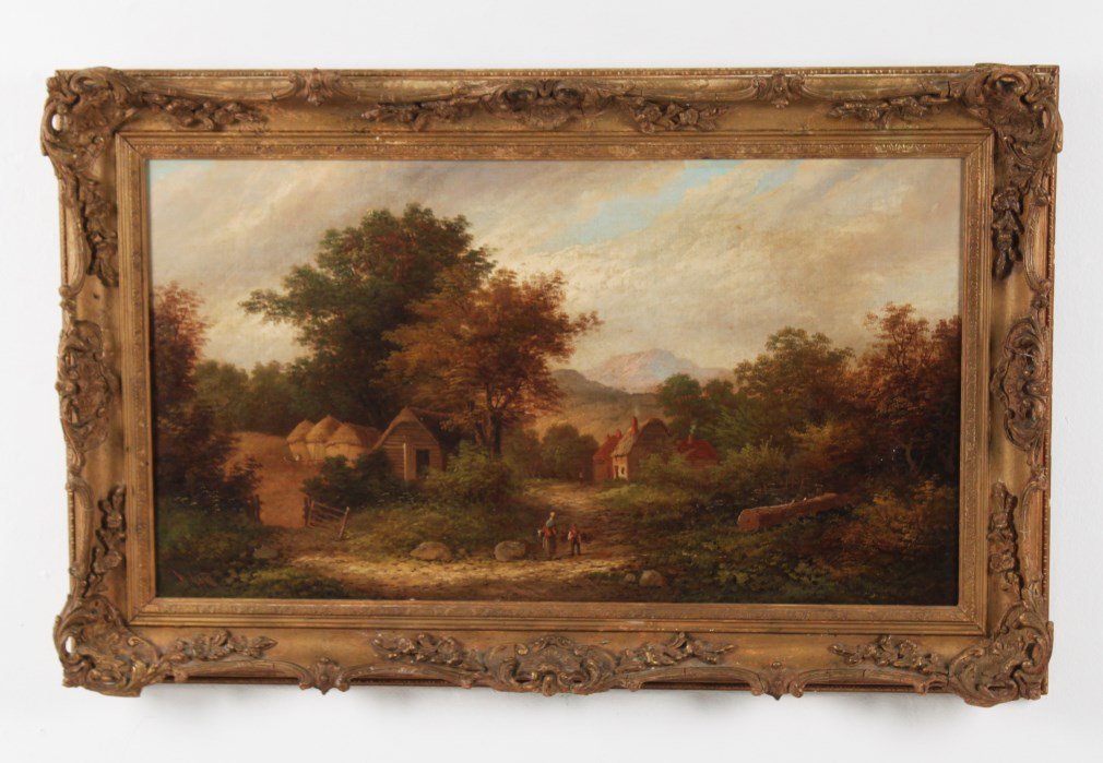 W. YATES, FRAMED OIL ON CANVAS LANDSCAPE COTTAGE SCENE: W. YATES, FRAMED OIL ON CANVAS LANDSCAPE COTTAGE SCENE PAINTING SIGNED LOWER LEFT W. YATES (WILLIAM HENRY YATES 1845-1934); 17"H X 31"W IMAGE, 24"H X 38"W OVERALL