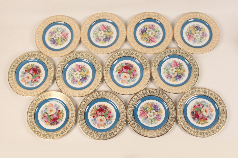 SET OF 12 BAVARIAN PORCELAIN HAND PAINTED PLATES: SET OF 12 BAVARIAN PORCELAIN HAND PAINTED 10.75" PLATES HAVING FLORAL DECORATED CENTER RESERVES SURROUNDED BY A ROBIN EGG BLUE BORDER AND IVORY GROUND AND GOLD DESIGNED BORDER; 10.75"DIA.