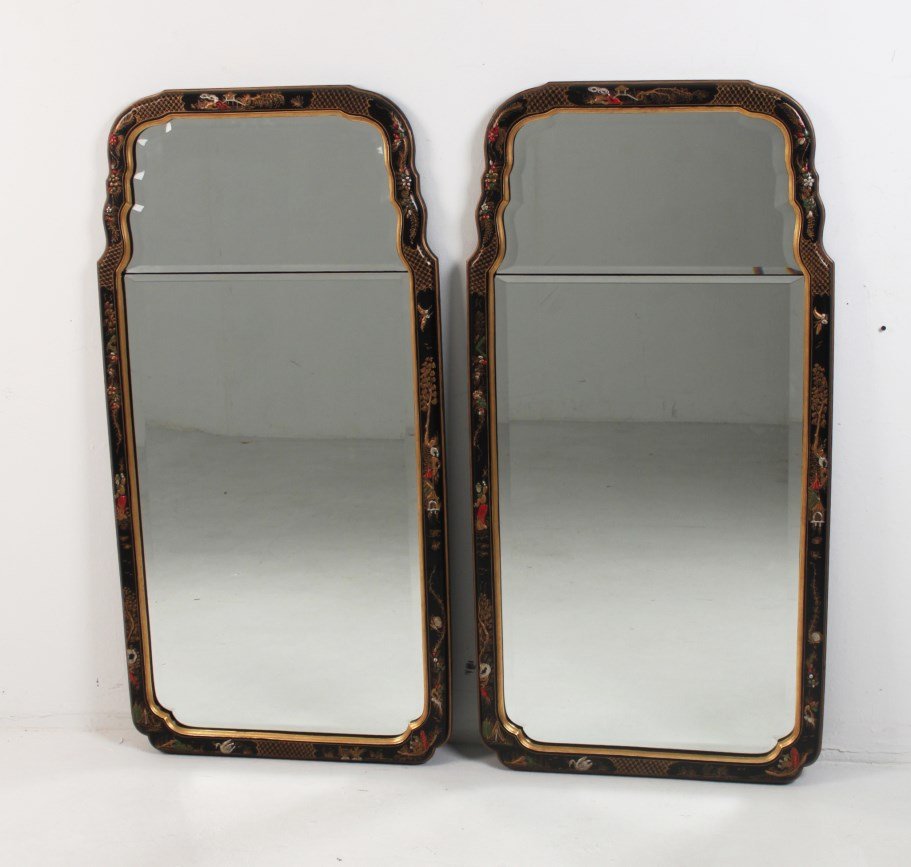 PAIR OF BLACK AND GOLD CHINOISERIE QUEEN ANNE STYLE: PAIR OF BLACK AND GOLD CHINOISERIE QUEEN ANNE STYLE MIRRORS WITH BEVELED GLASS; PROVENANCE HIGH MEADOW HOUSE NASHVILLE, TN; 48"H X 24"W