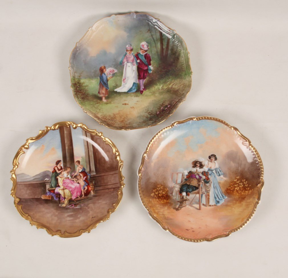 GROUP OF 3 HAND PAINTED FRENCH LIMOGES CHARGERS: GROUP OF 3 HAND PAINTED FRENCH LIMOGES CHARGERS, 2 SIGNED; 13.5"DIA. LARGEST