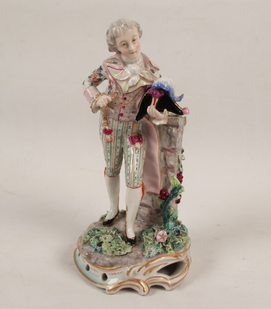 GERMAN PORCELAIN FIGURE OF A YOUNG FRENCH CAVALIER: GERMAN PORCELAIN FIGURE OF A YOUNG FRENCH CAVALIER, POSSIBLY MEISSEN (SEE IMAGE ON REVERSE); 9"H