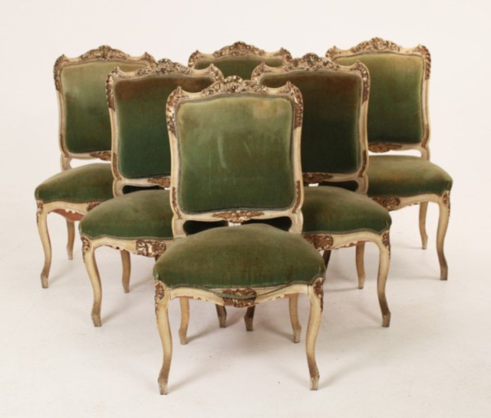 SET OF 6 FRENCH LOUIS XV PAINTED AND GILT SIDE CHAIRS: SET OF 6 FRENCH LOUIS XV PAINTED AND GILT SIDE CHAIRS; 37.5"H X 22"W X 20"D; CONDITION: NEEDS RE-UPHOLSTERED, PAINTED FINISH DISCOLORED, AREAS OF PAINT LOSS AND CHIPS