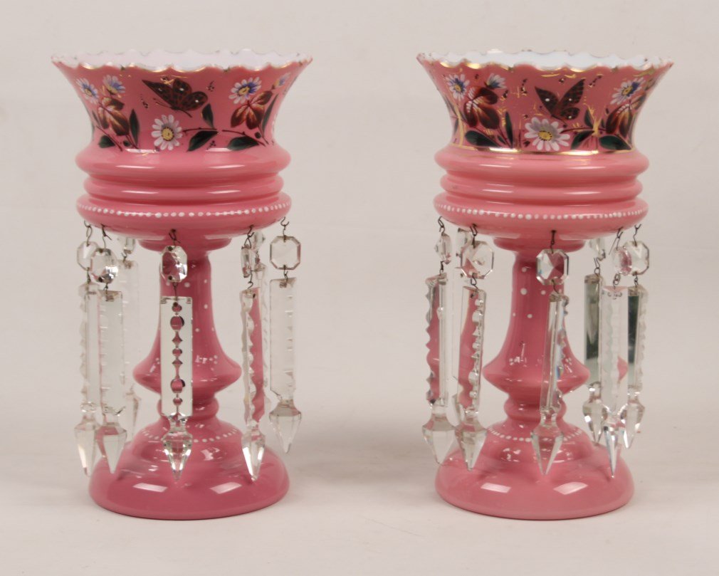 PAIR OF 12" PINK GLASS AND CRYSTAL LUSTERS: PAIR OF 12" PINK GLASS AND CRYSTAL LUSTERS HAND PAINTED WITH BUTTERFLY AND FLORAL DECORATION; 12"H; CONDITION: THERE ARE 4 PRISMS WITH CHIPS