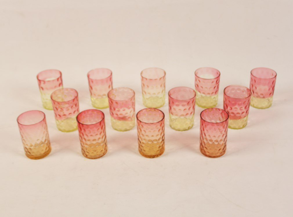GROUP OF 13 INVERTED HOBNAIL 4" TUMBLERS: GROUP OF 13 INVERTED HOBNAIL 4" TUMBLERS, FADED PINK TO YELLOW; CONDITION: ALL BUT 4 WITH VERY FAINT RIM CHIPS
