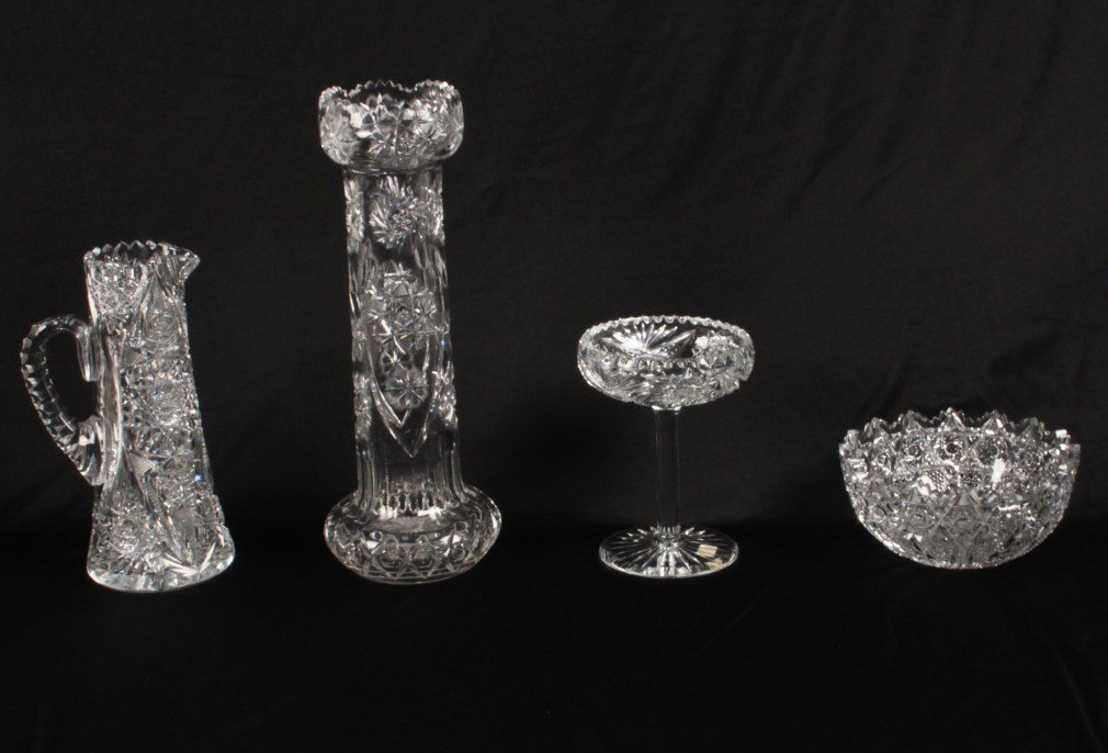 4 PIECE MISCELLANEOUS LOT OF AMERICAN "BRILLIANT: 4 PIECE MISCELLANEOUS LOT OF AMERICAN "BRILLIANT PERIOD" CUT GLASS CONSISTING OF 16.5" TALL VASE, 11.25" PITCHER, 8" BOWL, AND 7.75" X 6"DIA. COMPOTE SIGNED FRY