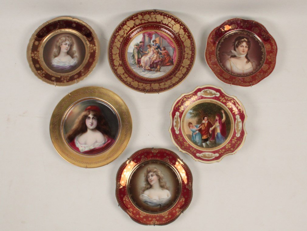 6 PIECE MISCELLANEOUS LOT OF HAND PAINTED PORCELAIN: 6 PIECE MISCELLANEOUS LOT OF HAND PAINTED PORCELAIN PLATES INCLUDING 5 VIENNA AND VIENNA TYPE PLATES, 3 WTH PORTRAIT CENTER RESERVES AND 2 WITH FIGURAL SCENES, ALONG WITH A GOLD BANDED FRENCH LIMOGES 