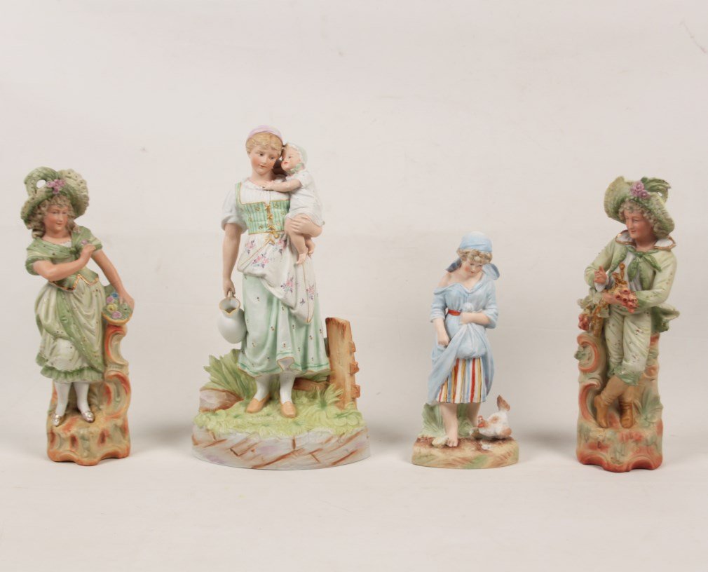 4 PIECE MISCELLANEOUS LOT OF GERMAN PORCELAIN FIGURES: 4 PIECE MISCELLANEOUS LOT OF GERMAN PORCELAIN FIGURES INCLUDING A PAIR OF YOUNG BOY AND GIRL IN BONNETS AND FANCY DRESS, A MOTHER HOLDING BABY BY FENCE, AND A YOUNG GIRL FEEDIING CHICKENS; 16"H X 9"W 