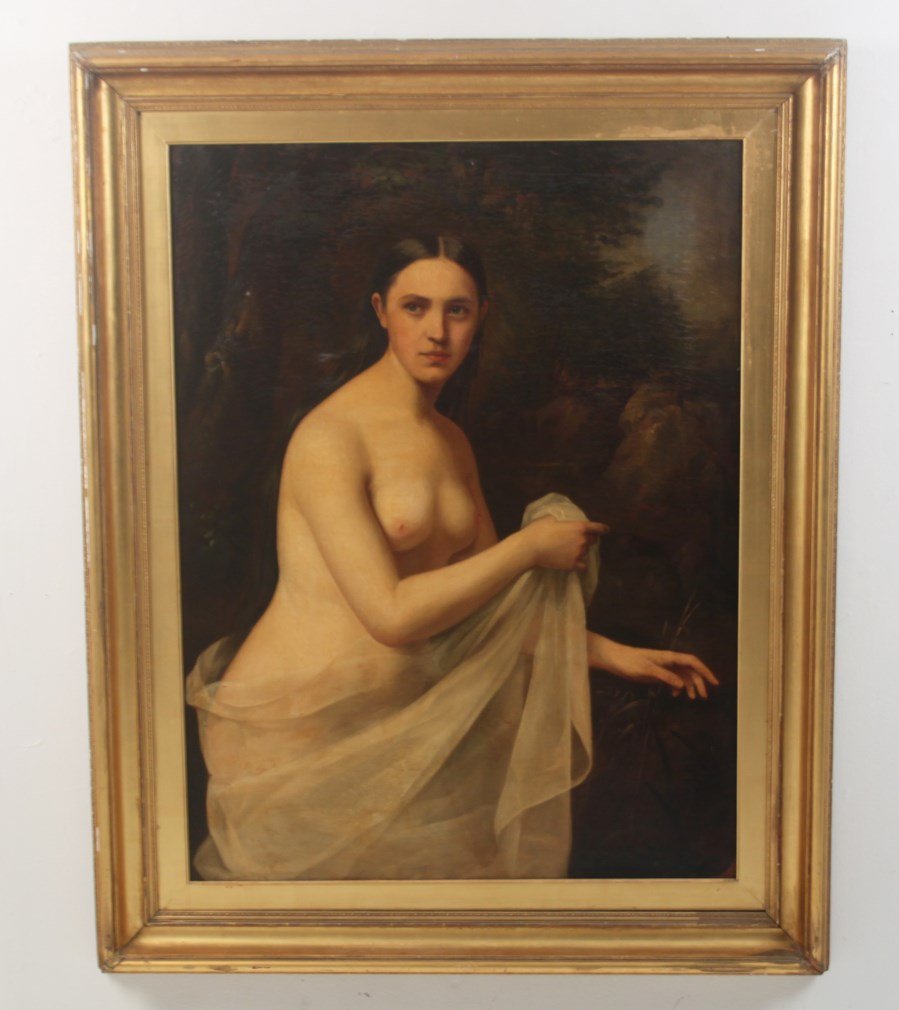 LARGE 19TH C. OIL ON CANVAS PAINTING OF NUDE: LARGE 19TH C. OIL ON CANVAS PAINTING OF A LIGHTLY DRAPED NUDE, DATED ON THE REVERSE 1854; 44"H X 33"W IMAGE, 55"H X 44"W OVERALL; CONDITION: LIGHT TO MEDIUM CRAQUELURE, AREAS OF LOSS TO VARNISH