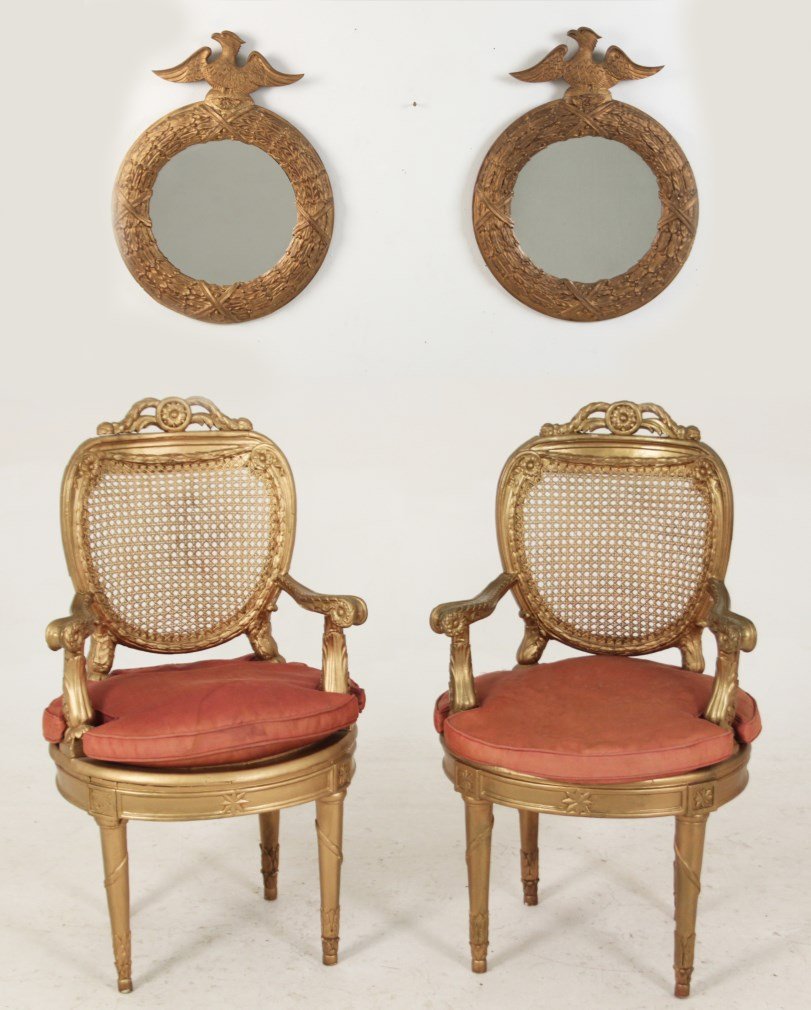 4 PIECE MISCELLANEOUS LOT OF CHAIRS AND MIRRORS: 4 PIECE MISCELLANEOUS LOT CONSISTING OF A PAIR OF PAINTED GILT WOOD LOUIS XVI STYLE FAUTEUILS, ALONG WITH A PAIR OF FEDERAL GILT STYLE MIRROR; 36"H X 20"W X 16"D CHAIRS