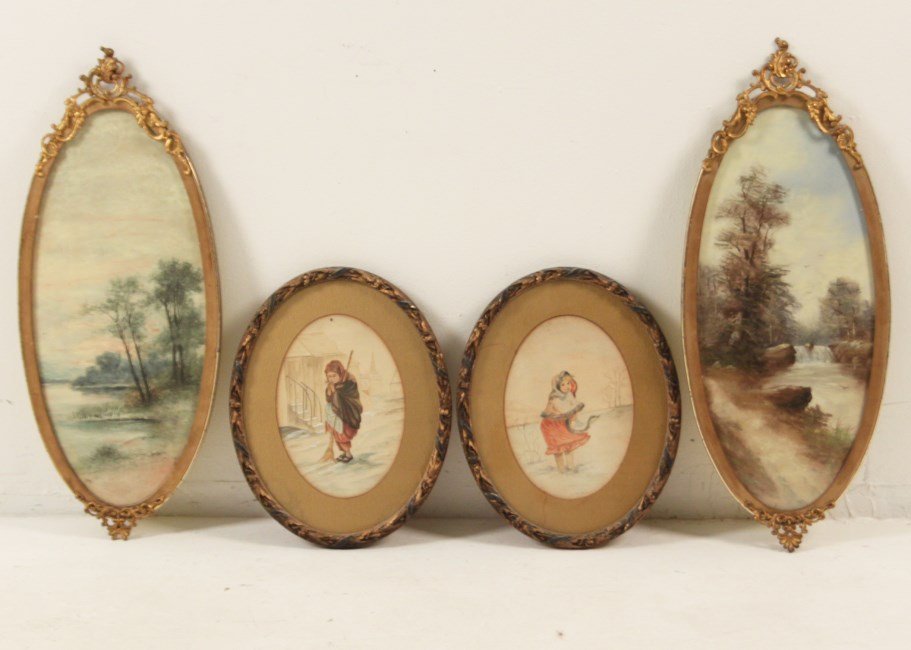 MISCELLANEOUS LOT OF 2 PAIRS OF WATERCOLORS: MISCELLANEOUS LOT OF 2 PAIRS OF WATERCOLORS, THE LARGEST A PAIR OF VERTICAL ELLIPTICAL LANDSCAPES IN GILT METAL FRAMES, ONE SIGNED LOWER LEFT LAIRD, THE OTHER A PAIR OF PORTRAITS OF YOUNG GIRLS; 27"H 