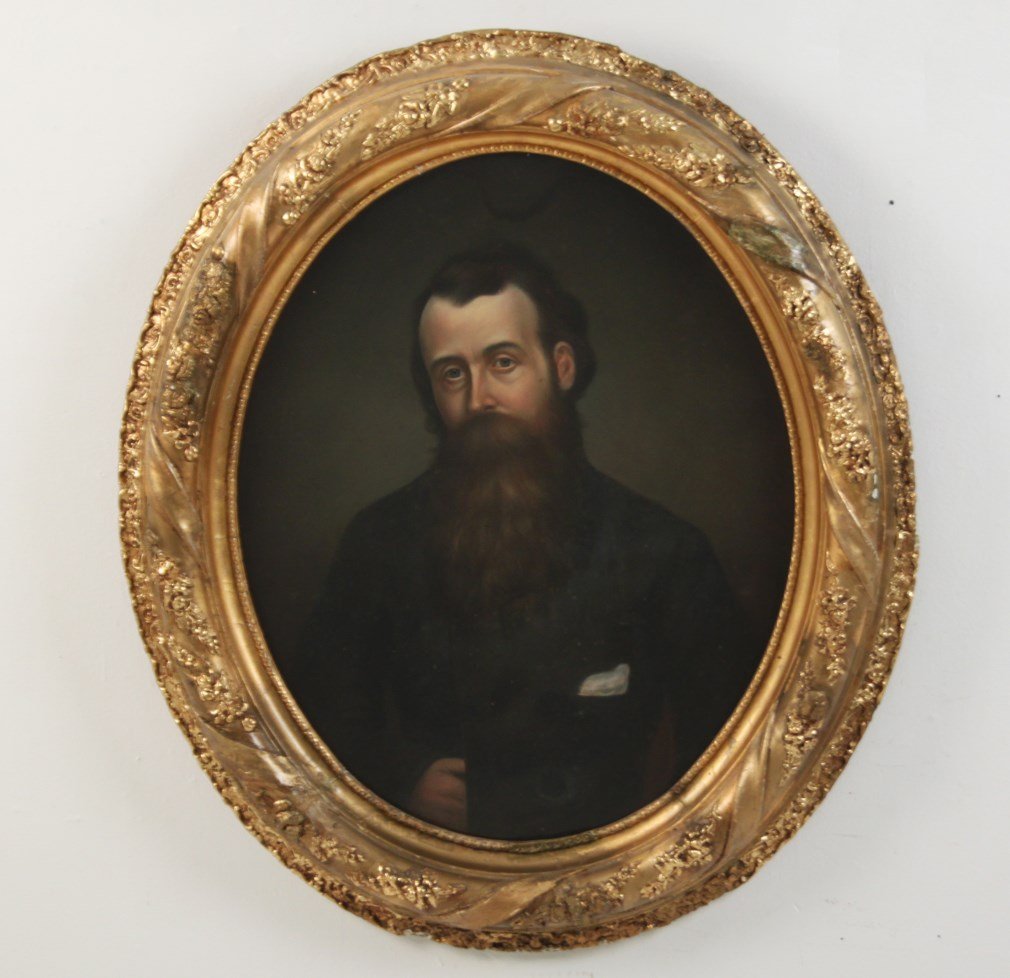 LARGE GOLD LEAF FRAMED OVAL PORTRAIT OF GENTLEMAN: LARGE GOLD LEAF FRAMED OVAL PORTRAIT OF BEARDED GENTLEMAN; 40"H X 34"W