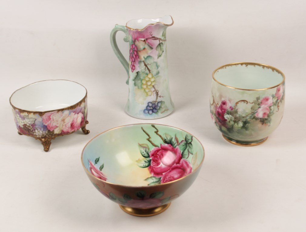 4 PIECE MISCELLANEOUS FRENCH HAND PAINTED LIMOGES, ETC.: 4 PIECE MISCELLANEOUS FRENCH HAND PAINTED LIMOGES, ETC. CONSISTING OF 2 FOOTED BOWLS, A LARGE JARDINIERE AND A TALL PITCHER; 12"H PITCHER SIGNED B.HOOVER?; FOOTED BOWL 5"H X 9"DIA.; TALLER BOWL 7.5"H 