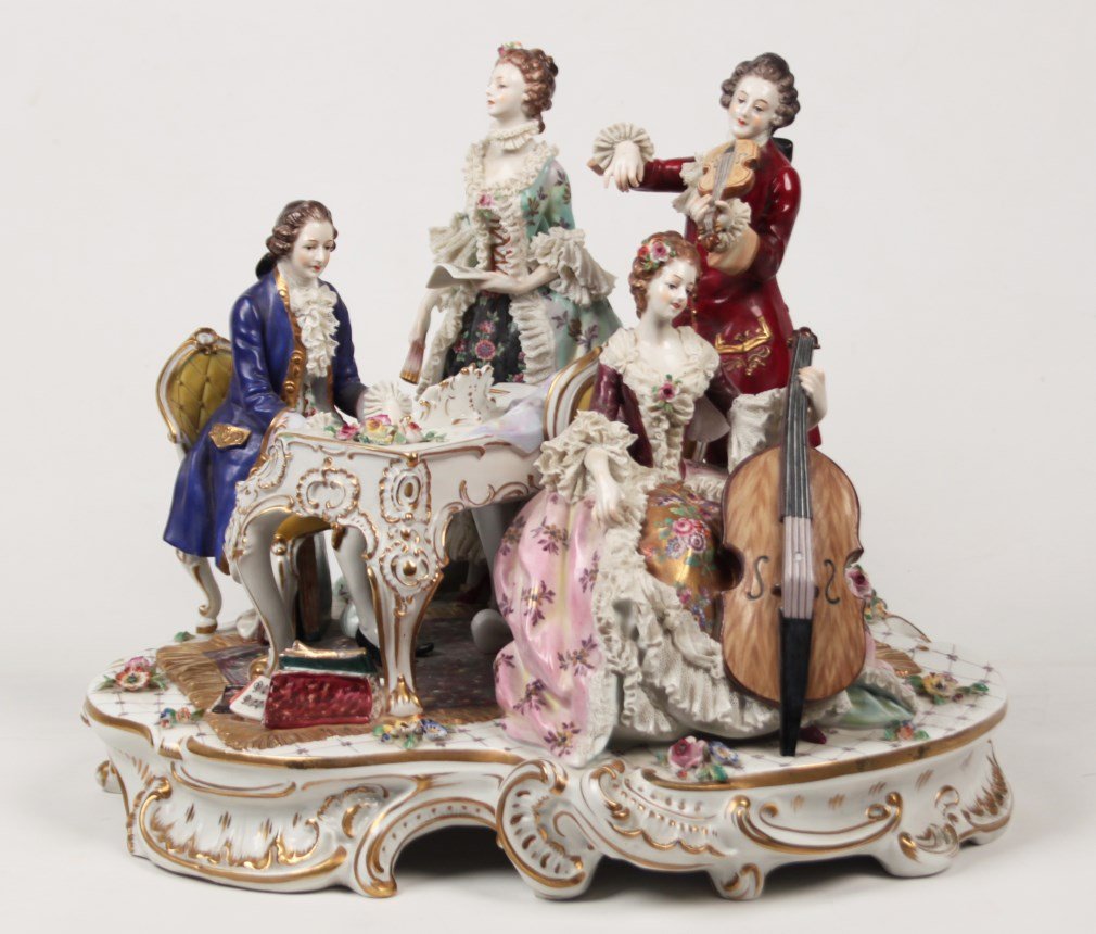 GERMANY PORCELAIN FIGURAL TABLE MODEL: GERMAN DRESDEN PORCELAIN FIGURAL TABLE MODEL DEPICTING INTERIOR SCENE OF A MUSICAL GATHERING MARKED ON THE REVERSE "GERMANY"; 13.5"H X 16"W X 16.5"D