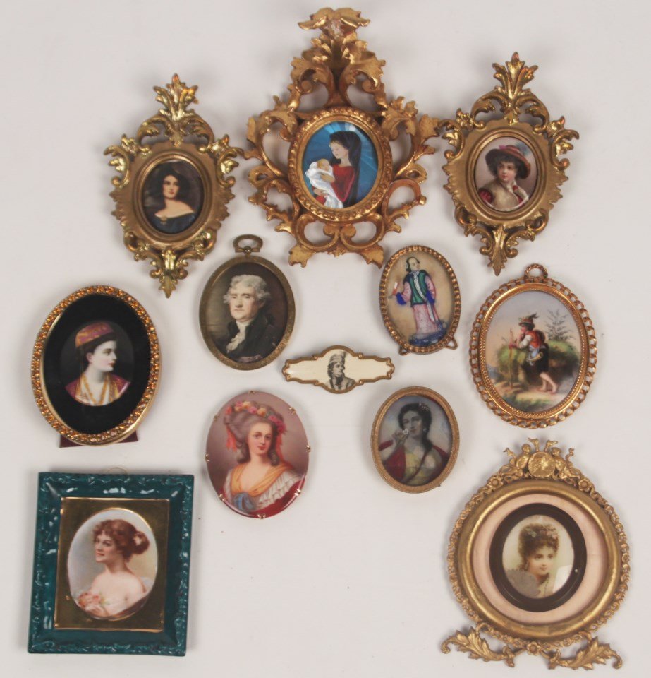 12 PIECE MISCELLANEOUS GROUP OF PORTRAIT MINIATURES: 12 PIECE MISCELLANEOUS GROUP OF PORTRAIT MINIATURES, 5 ON PORCELAIN; 7"H X 5"W OVERALL LARGEST IN FLORENTINE FRAME