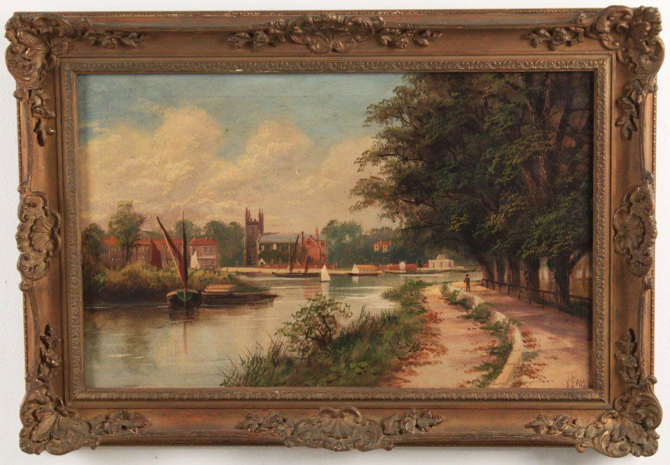 J. LEWIS, OIL ON CANVAS EUROPEAN LANDSCAPE PAINTING: OIL ON CANVAS EUROPEAN LANDSCAPE PAINTING OF FIGURE WALKING ALONG RIVER BANK SIGNED J. LEWIS; 14.5"H X 23.25"W IMAGE; CONDITION: AREA OF REPAIR ABOVE SHIP'S SAIL, AS WELL AS, SOME INPAINTING IN SAME A