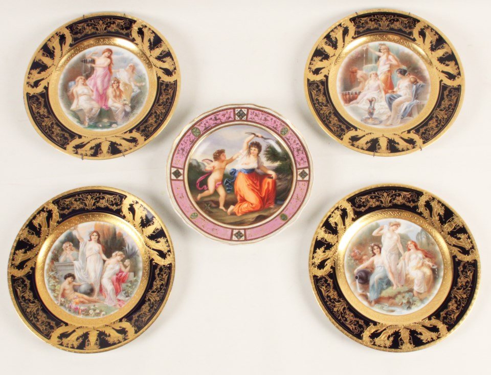 MEISSEN AND 4 HAND PAINTED PORCELAIN PLATES: GROUP OF 5 HAND PAINTED PORCELAIN PLATES INCLUDING ONE MEISSEN 9.5" PLATE WITH CENTER RESERVE OF FEMALE WITH BOW AND ARROW AND CHERUB MARKED ON THE REVERSE WITH BLUE CROSS SWORDS UNDERGLAZE, ALONG WIT