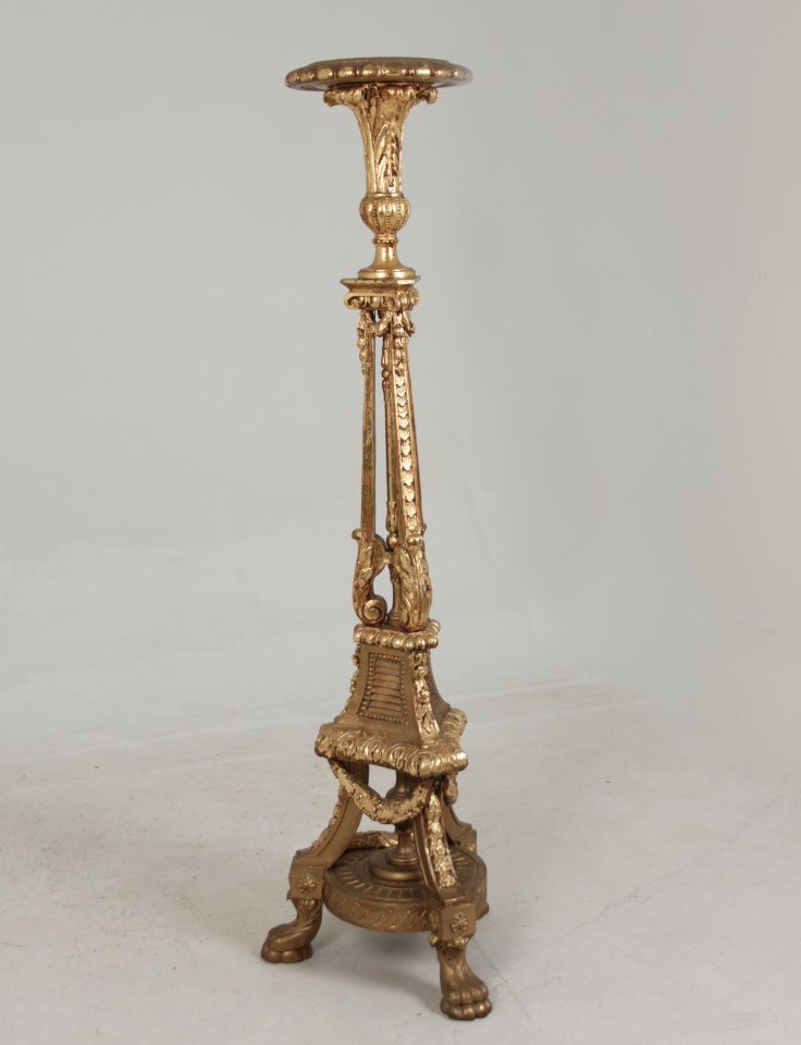 FRENCH REGENCY STYLE CARVED GILTWOOD TORCHIERE: FRENCH REGENCY STYLE CARVED GILTWOOD TORCHIERE; 71"H