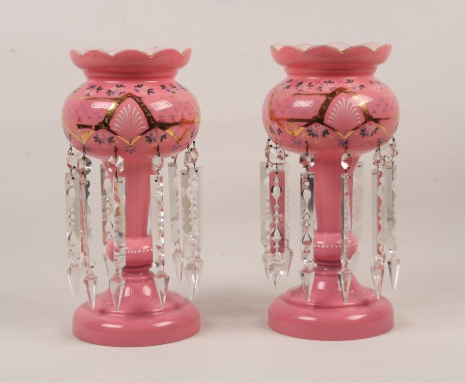 PAIR OF 15" HAND PAINTED PINK GLASS AND CRYSTAL LUSTERS: PAIR OF 15" HAND PAINTED PINK GLASS AND CRYSTAL LUSTERS; 15"H; CONDITION: AREAS OF LOSS TO ENAMEL