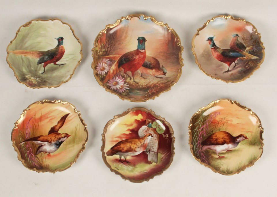 GROUP OF 6 HAND PAINTED FRENCH LIMOGES PORCELAIN PLATES: GROUP OF 6 HAND PAINTED FRENCH LIMOGES PORCELAIN PLATES WITH BIRDS, LARGEST SIGNED "DUBOIS", 2 OTHER SIGNED "RENE"; 13"DIA. LARGEST