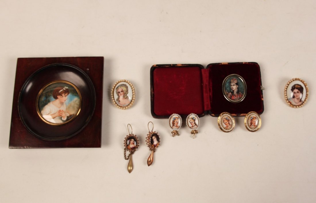 10 PIECE GROUP OF HAND PAINTED MINIATURES: 10 PIECE GROUP OF HAND PAINTED MINIATURES CONSISTING OF A FINE QUALITY EASTERN EUROPEAN OVAL IN LEATHER HINGED CASE, A SIMILAR QUALITY FRAMED CIRCULAR PORTRAIT OF YOUNG GIRL SIGNED H. BOUDIEZ, 8 PIECE
