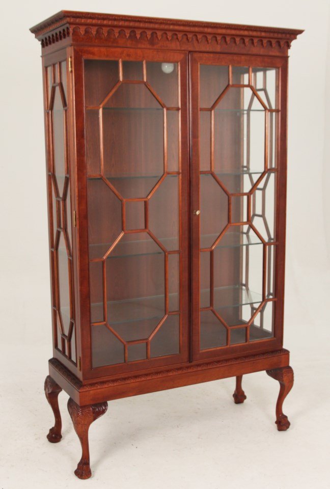 CHIPPENDALE STYLE CARVED MAHOGANY DISPLAY CABINET: CHIPPENDALE STYLE CARVED MAHOGANY DISPLAY CABINET; 82"H X 44"W X 17.5"D