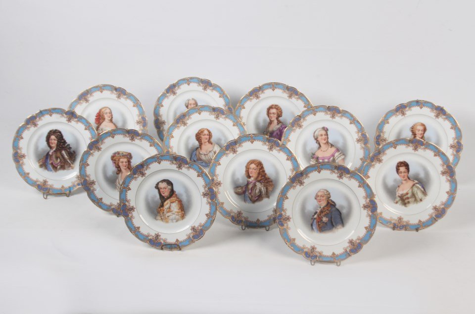 IMPRESSIVE SET OF 12 INDIVIDUALLY SIGNED SEVRES: IMPRESSIVE SET OF 12 INDIVIDUALLY SIGNED SEVRES PORTRAIT PLATES OF ROYALTY; 19.5"DIA.