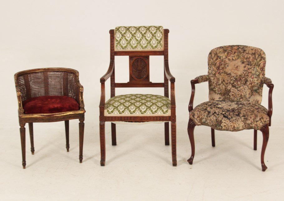 GROUP OF 3 MISCELLANEOUS FRENCH CHAIRS: GROUP OF 3 MISCELLANEOUS FRENCH CHAIRS CONSISTING OF A PROVINCIAL WALNUT WHEAT CARVED FAUTEUIL, A LOUIS XVI STYLE GILT WOOD CANE BARREL BACK BOUDOIR CHAIR (CANE A/F), ALONG WITH A TAPESTRY COVERED ARM