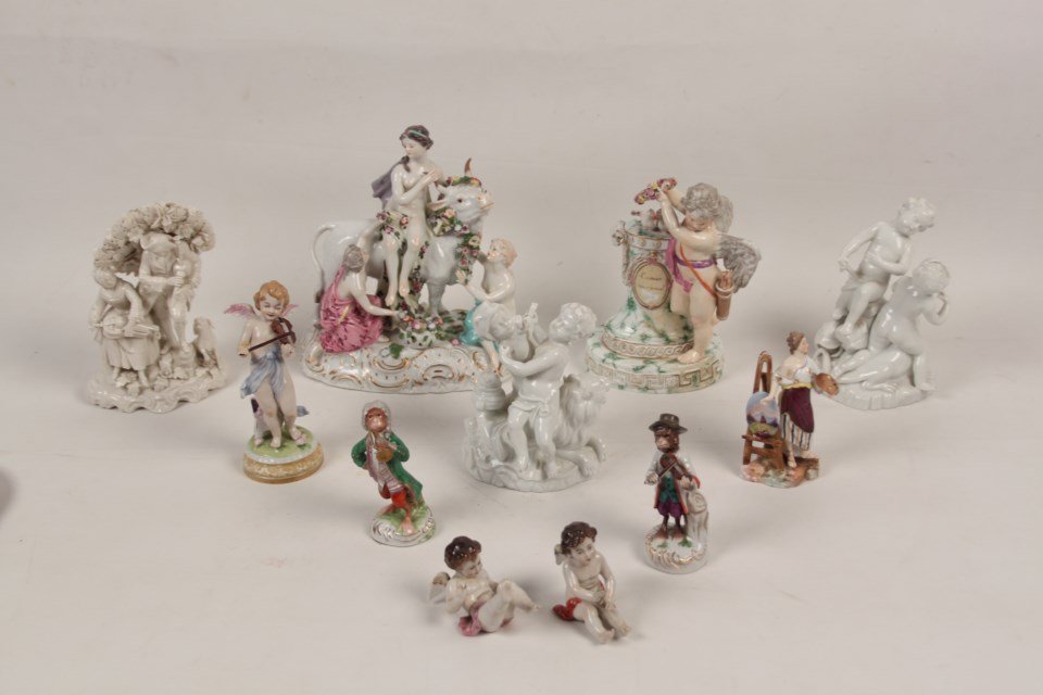 11 PIECE MISCELLANEOUS LOT OF CONTINENTAL PORCELAIN: 11 PIECE MISCELLANEOUS LOT OF CONTINENTAL PORCELAIN FIGURINES INCLUDING MEISSEN FIGURE OF CUPID WITH BIRDS, VIENNA FIGURE OF EUROPA, ROYAL BERLIN, CAPO DI MONTE, ETC.; 9"H X 8.5"W X 5.5"D VIENNA FIGUR