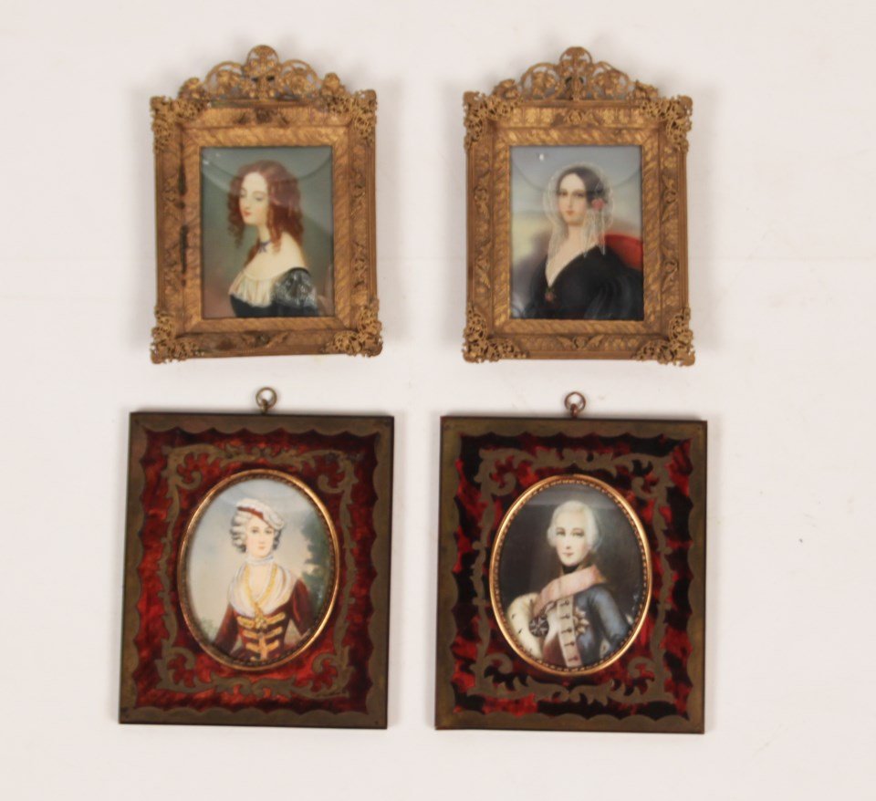 MISCELLANEOUS GROUP OF FOUR SIGNED AND FRAMED: MISCELLANEOUS GROUP OF FOUR SIGNED AND FRAMED MINIATURES ON IVORY?/CELLULOID? (NOT EXAMINED OUT OF FRAME), 2 IN TORTOISESHELL AND BRASS FRAME, AND THE OTHER 2 IN GILT METAL FRAMES; 5.5"H X 4.75"W PAIR