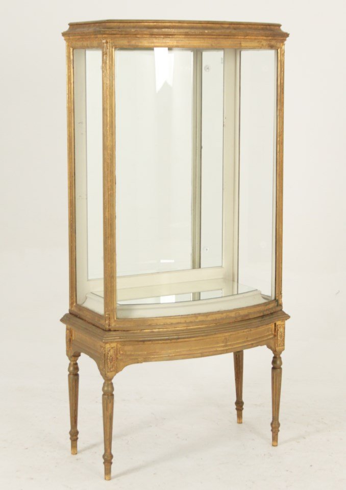 GILT WOOD BOWFRONT CABINET ON STAND: GILT WOOD BOWFRONT CABINET ON STAND; 66"H X 32"W X 18"D