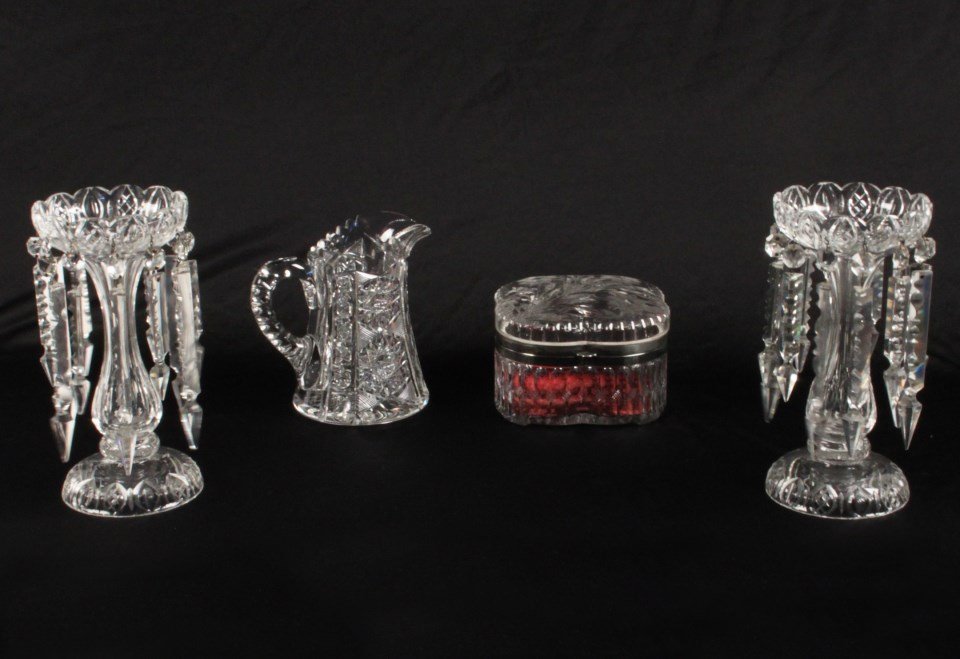 4 PIECE MISCELLANEOUS LOT OF AMERICAN "BRILLIANT: 4 PIECE MISCELLANEOUS LOT OF AMERICAN "BRILLIANT PERIOD" CUT GLASS CONSISTING OF A PAIR OF 10" CUT GLASS LUSTER, A 7" PITCHER, AND A 7" X 7" HINGED BOX