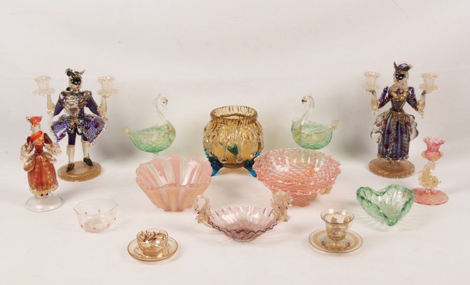 16 PIECE COLLECTION OF VENETIAN GLASS: 16 PIECE COLLECTION OF VENETIAN GLASS INCLUDING A PAIR OF FIGURAL 2 LIGHT CANDELABRA, A PAIR OF SWAN FORMED STEMMED COMPOTES, A SWAN FORM SMALL SHALLOW DISH, 4 BOWLS, 2 CUPS AND SAUCERS, 1 FINGER BOWL