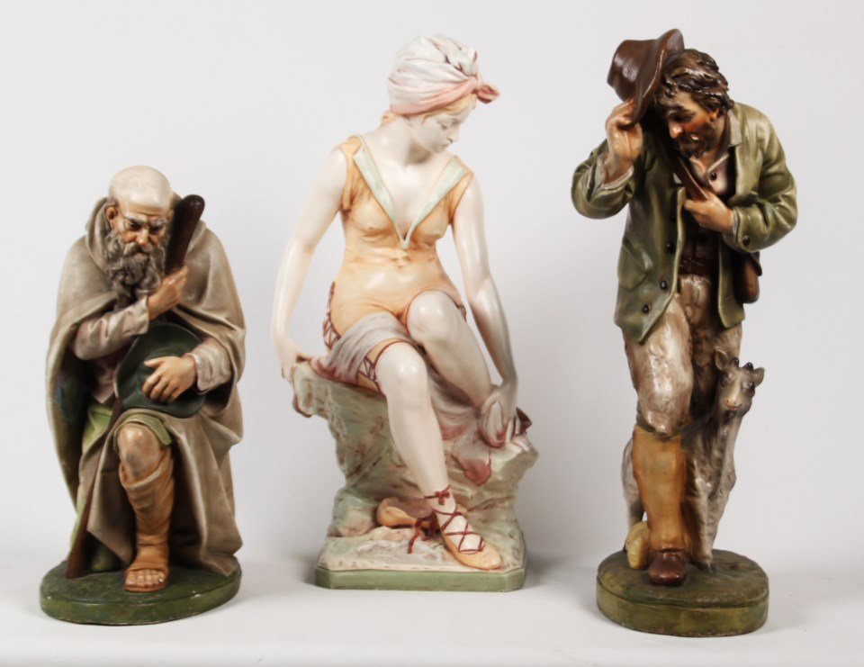 GROUP OF 3 MISCELLANEOUS FIGURES: GROUP OF 3 MISCELLANEOUS FIGURES CONSISTING OF A 23" FIGURE OF YOUNG WOMAN SEATED ON ROCK IN VINTAGE BATHING ATTIRE, ALONG WITH 2 COMPOSITE FIGURES OF MEN, ONE A YOUNG MAN IN HAT WITH GOAT, THE OTHER 
