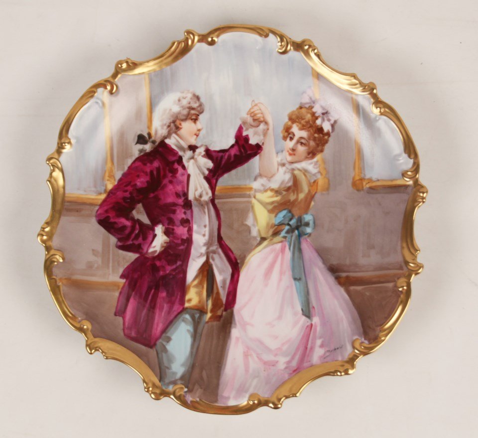 FINE QUALITY 15.5" HAND PAINTED FRENCH LIMOGES CHARGER: FINE QUALITY 15.5" HAND PAINTED FRENCH LIMOGES CHARGER DEPICTING COUPLE DANCING SIGNED DUBOIS; 15.5" DIA.