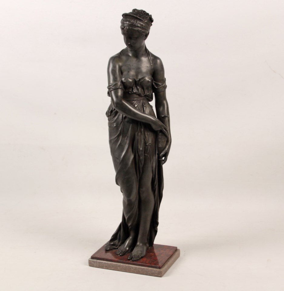 29" FRENCH PATINATED METAL SCULPTURE OF YOUNG BEAUTY: 29" FRENCH PATINATED METAL SCULPTURE OF YOUNG BEAUTY HOLDING VESSEL ON MARBLE BASE; 29"H